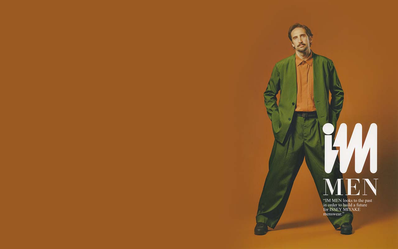 Man wearing an ISSEY MIYAKE IM Men green suit